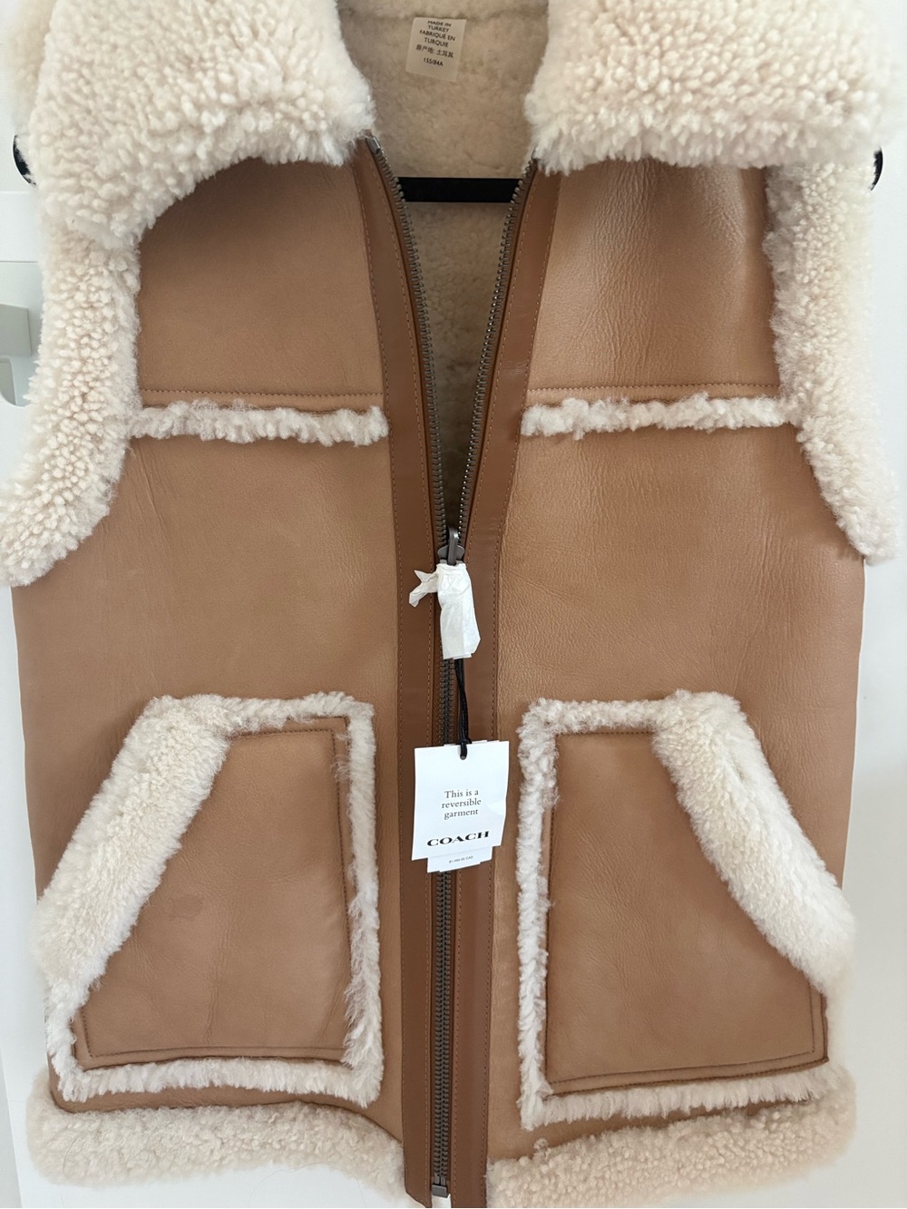 Coach Tan Leather Shearling-Trim Vest with Cream Lining